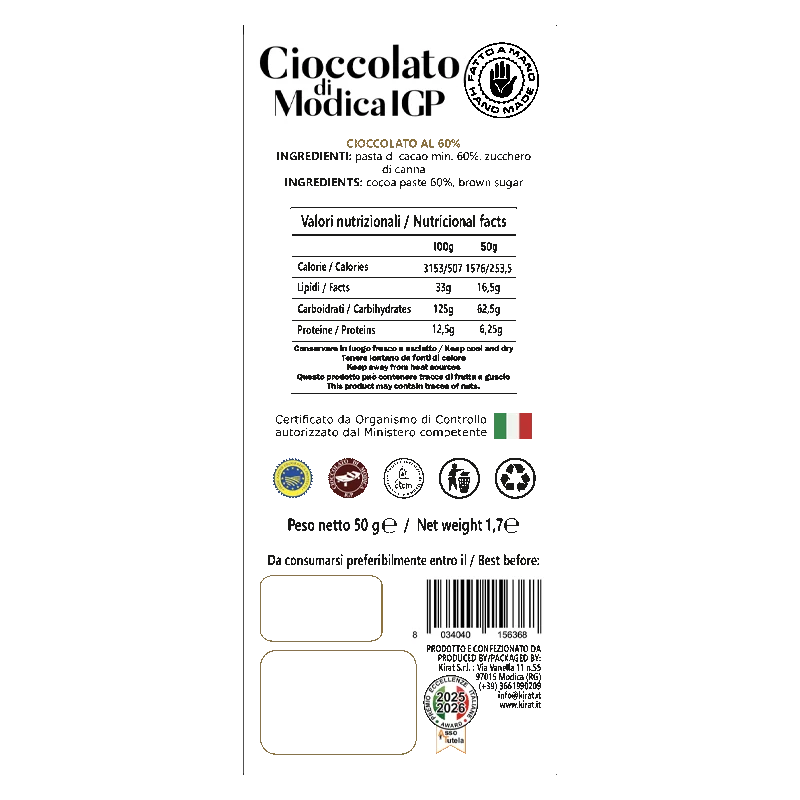 Cioccolato IGP Bombò Cacao 60% 50 gr - immagine 2