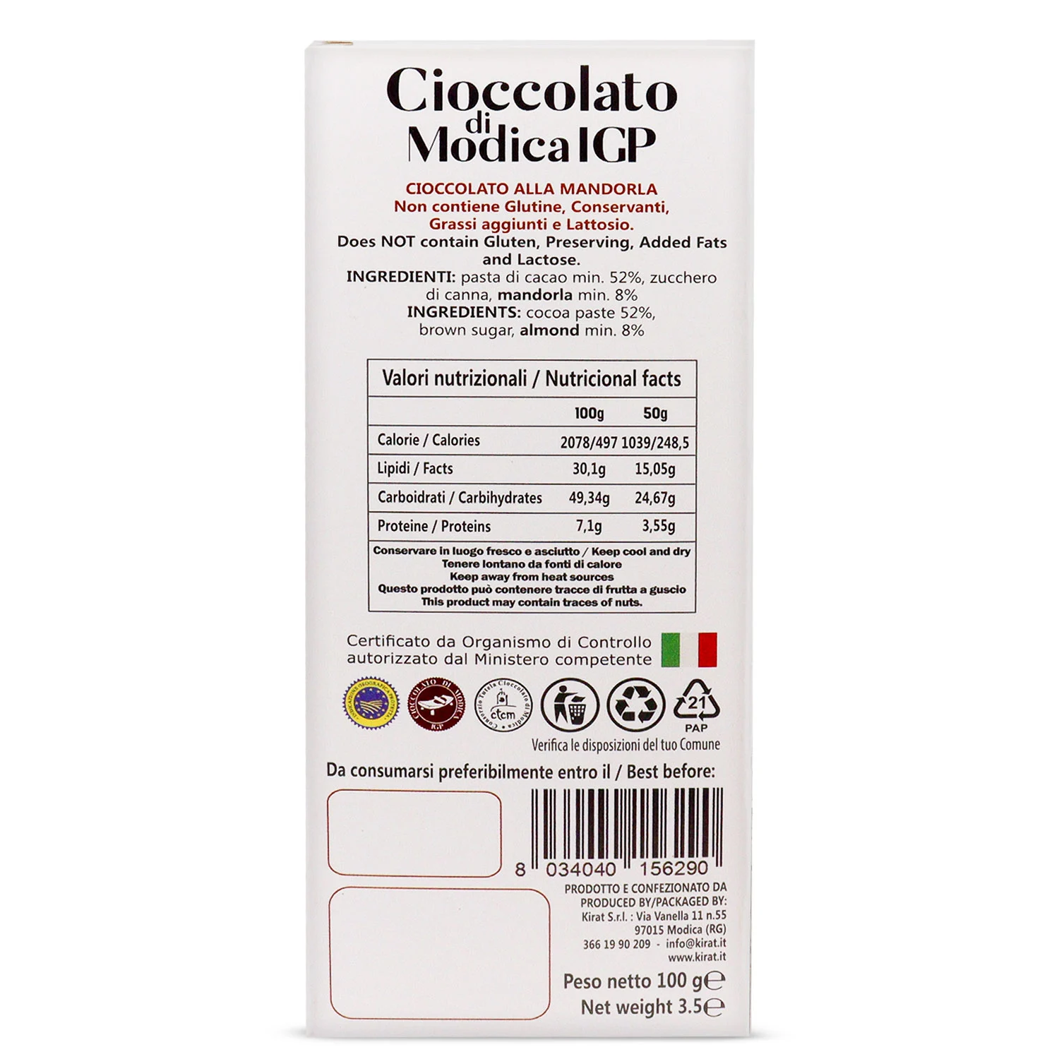 Cioccolato IGP Kirat Mandorla 100 gr - immagine 4